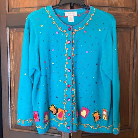 Susan Bristol Sweaters - Susan Bristol Plus Size 2X Turquoise Blue Holiday Long Sleeve Cardigan Sweater